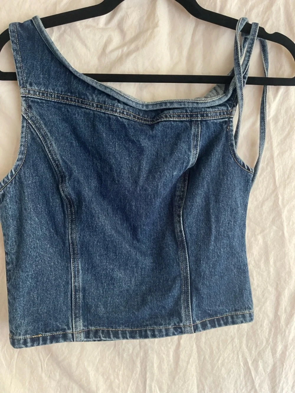 MESHKI Off-the-Shoulder Denim Top Asymmetrical Crop Side Tie Edge Y2K Size Small - Picture 11 of 13